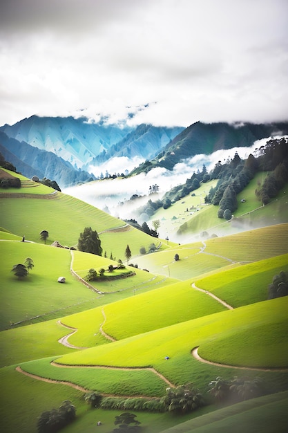 A Landscape Photo of a Valley and Mountains Misty alpine landscape of Cocora valley Salento Colombia