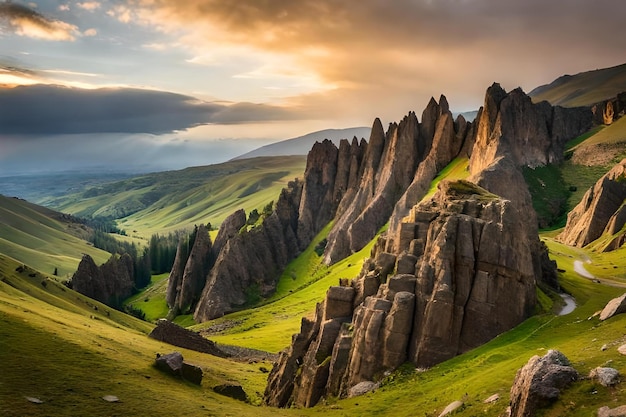 A landscape photograph of a mountain with a green valley and mountains in the background.