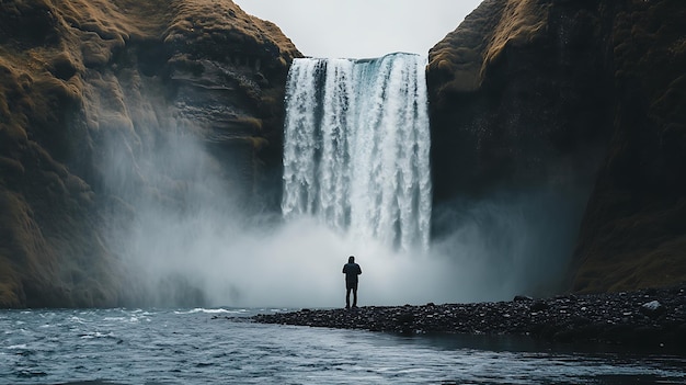 A landscape photograph of a waterfall in a remote location with a photographer positioned