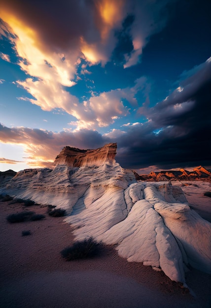 A landscape photograph of a white rock formation with the sky in the background.