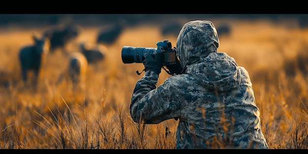 Landscape of a photographer taking a photo with a lion in the background