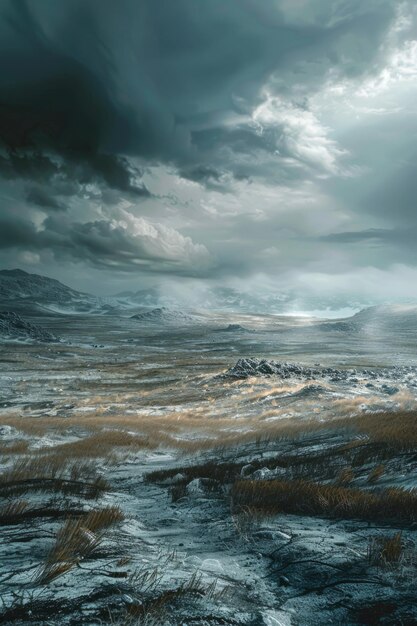 Photo landscape photography this is an image of a dramatic and moody landscape where stormy skies loom