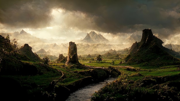 Landscape plain with lush green grass and gloomy mountains in the background at dawn