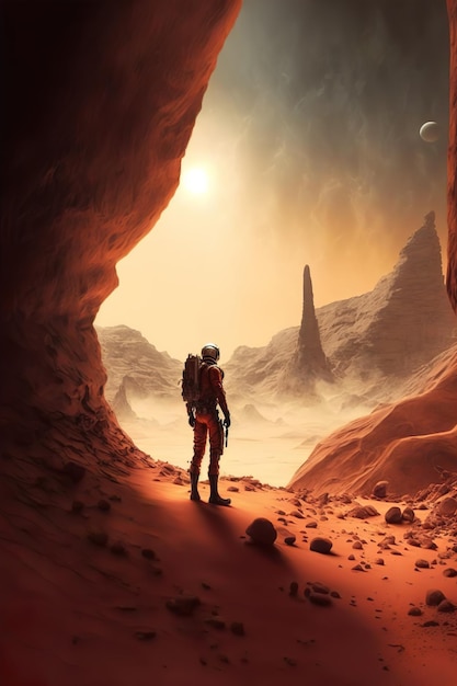 Landscape planet Mars Life on Mars Sunset on Mars Mars mountains Generaive AI illustration