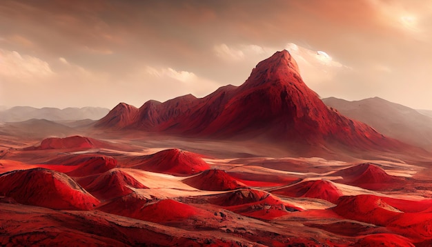 Landscape on the planet Mars surface is a picturesque desert on red planet Background of space game cover poster with red earth mountains stars 3d artwork