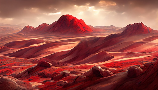 Landscape on the planet Mars surface is a picturesque desert on red planet Background of space game cover poster with red earth mountains stars 3d artwork