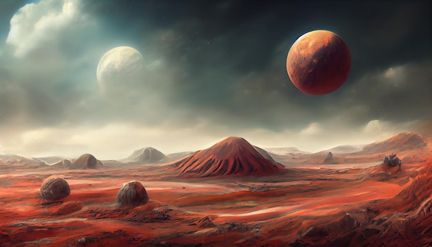 Landscape on the planet Mars surface is a picturesque desert on red planet Background of space game cover poster with red earth mountains stars 3d artwork