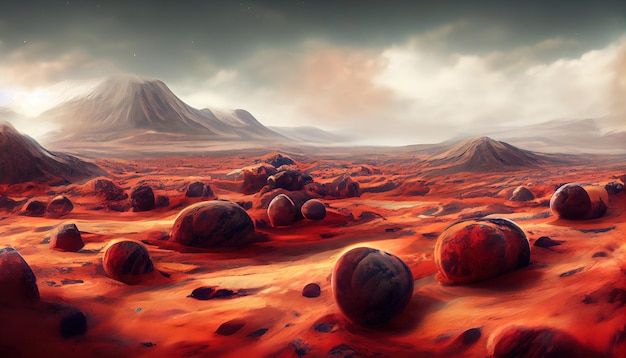 Landscape on the planet Mars surface is a picturesque desert on red planet Background of space game cover poster with red earth mountains stars 3d artwork