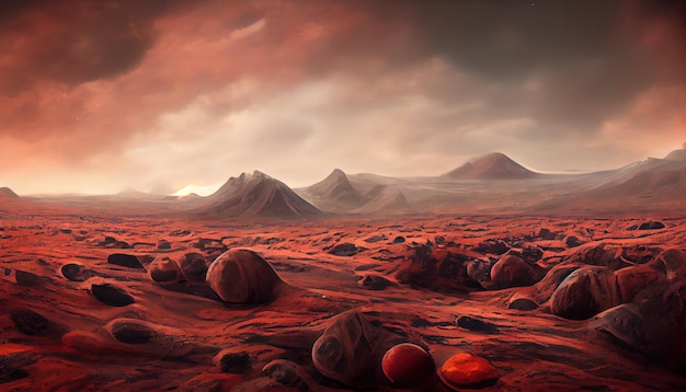 Landscape on the planet Mars surface is a picturesque desert on red planet