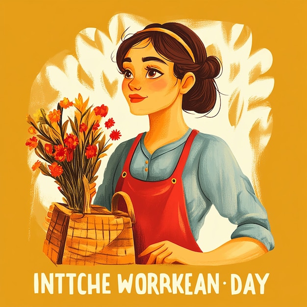 Photo landscape of a poster featuring a woman with a basket of tulips