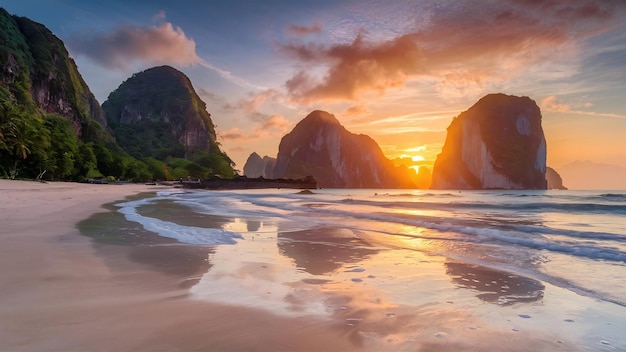 Landscape of railay beach at sunrise in krabi thailand