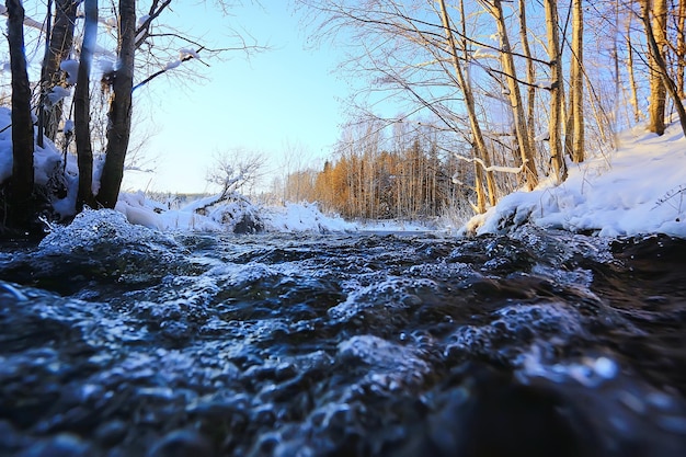 Landscape river winter seasonal view water snow forest