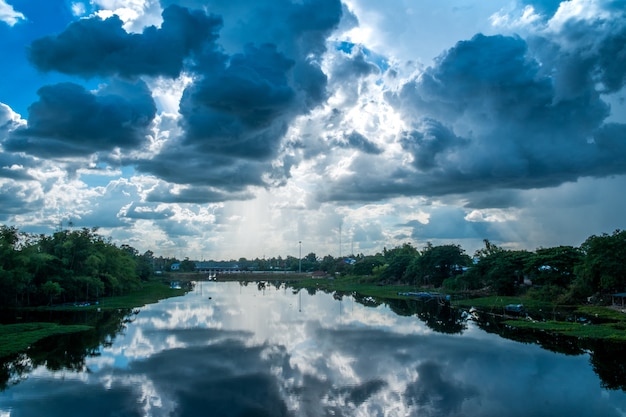 Landscape river with rain clouds, beautiful scenery