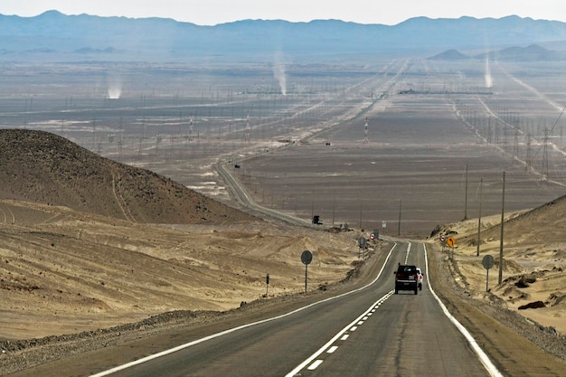 Landscape of a road surrounded by hills in the Atacama Desert Chile