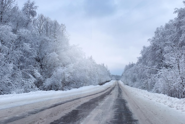 Landscape Road in the winter forest with snow covered wilderness