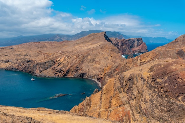 Landscape of the rock formations in the Ponta de Sao Lourenco and the sea coast of Madeira Portugal