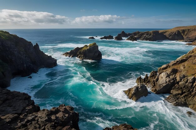 A landscape of a rocky coastline and the ocean