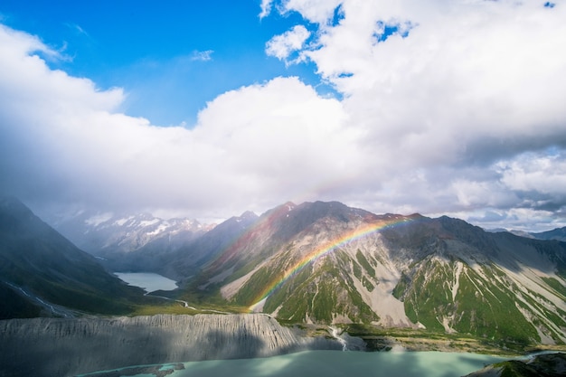 Landscape of rocky mountain and rainbow