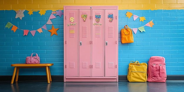 Landscape of a room with pink doors and a clock on the wall