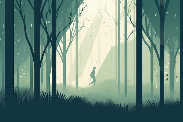 Landscape of running woman and tree depicted in a minimalist illustration Soft and muted colors