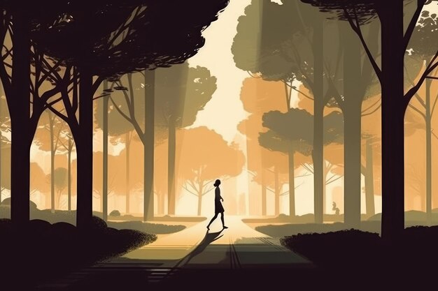 Landscape of running woman and tree depicted in a minimalist illustration Soft and muted colors