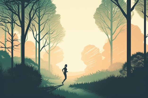 Landscape of running woman and tree depicted in a minimalist illustration Soft and muted colors