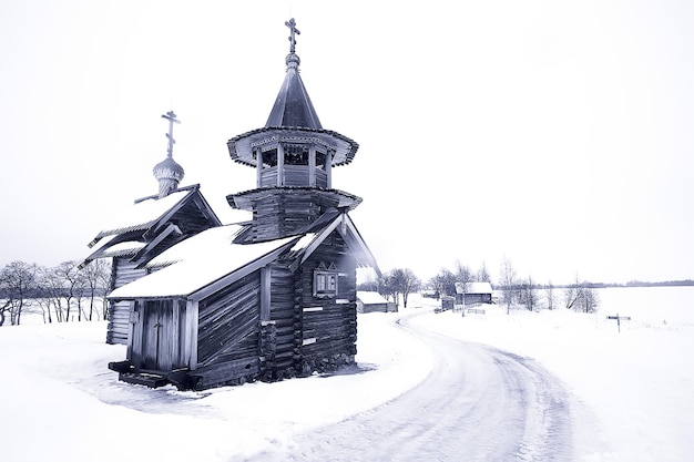 landscape in russian kizhi church winter view / winter season snowfall in landscape with church architecture