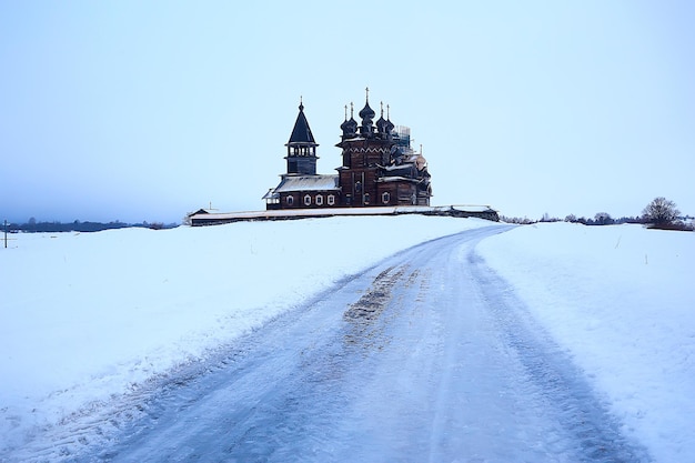 landscape in russian kizhi church winter view / winter season snowfall in landscape with church architecture