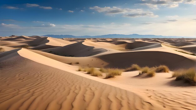 a landscape of sand dunes with mountains in the background