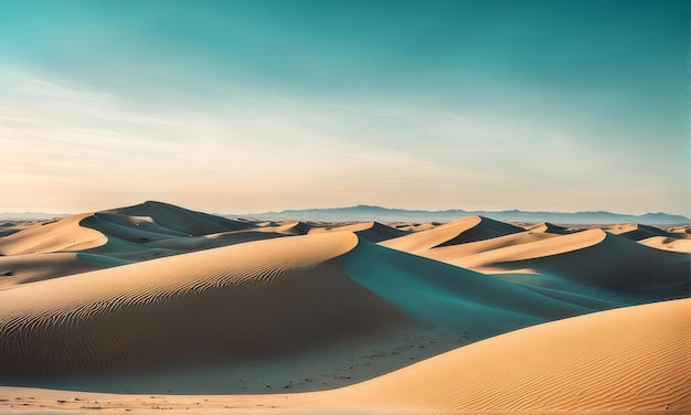 a landscape of sand dunes with the sunset in the background