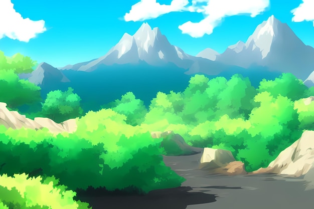 Landscape scene digital painting illustration with beautiful greenery mountains meadows trees