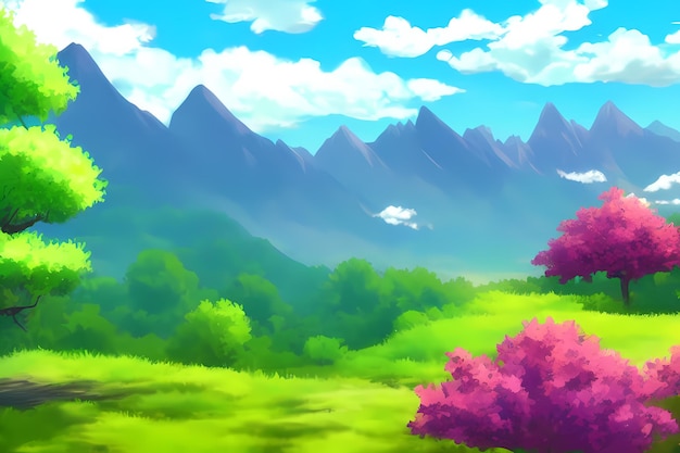 Landscape scene digital painting illustration with beautiful greenery mountains meadows trees