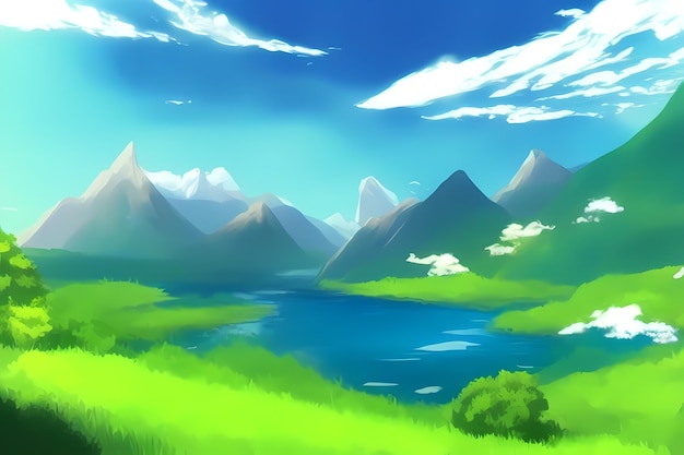 Landscape scene digital painting illustration with beautiful greenery mountains meadows trees