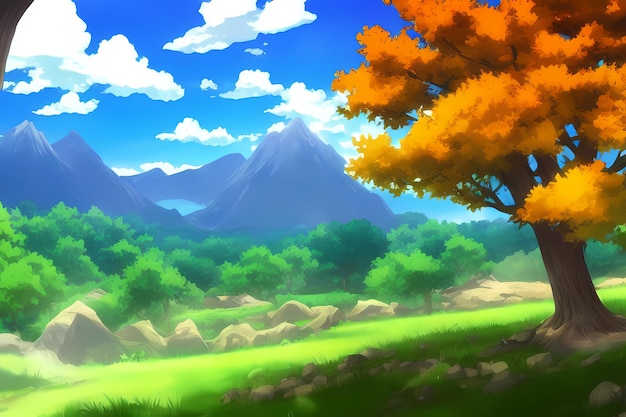 Landscape scene digital painting illustration with beautiful greenery mountains meadows trees