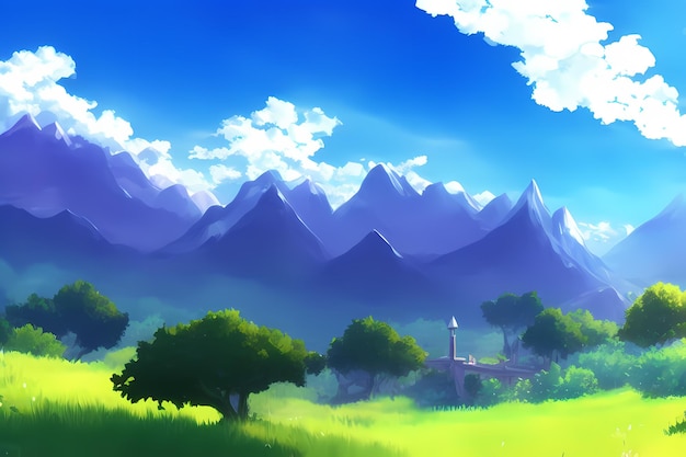 Landscape scene digital painting illustration with beautiful greenery, mountains, meadows, trees