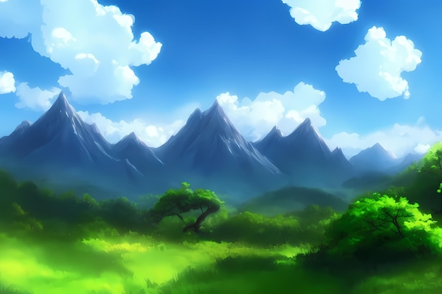 Landscape scene digital painting illustration with beautiful greenery, mountains, meadows, trees