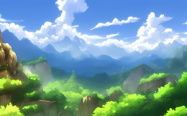 Landscape scene digital painting illustration with beautiful greenery, mountains, meadows, trees