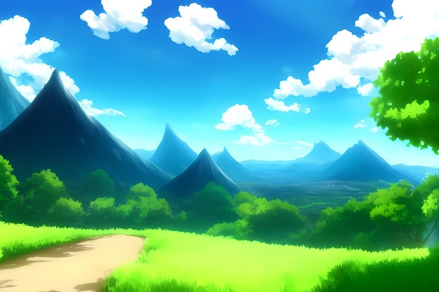 Landscape scene illustration digital painting with greenery mountains hills meadows blue skies