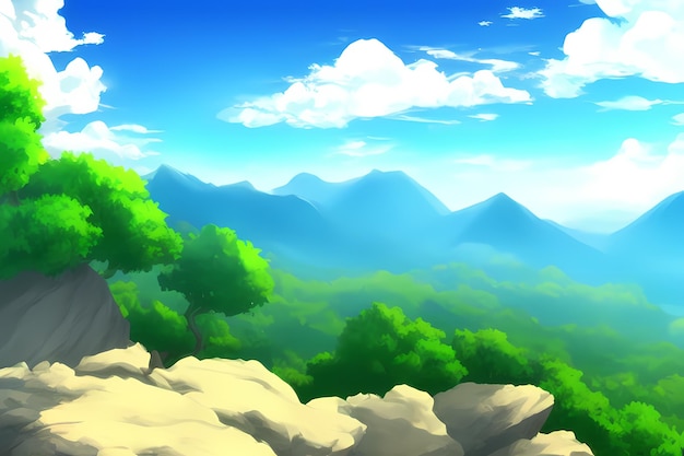 Landscape scene illustration digital painting with greenery mountains hills meadows blue skies