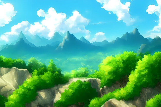 Landscape scene illustration digital painting with greenery mountains hills meadows blue skies