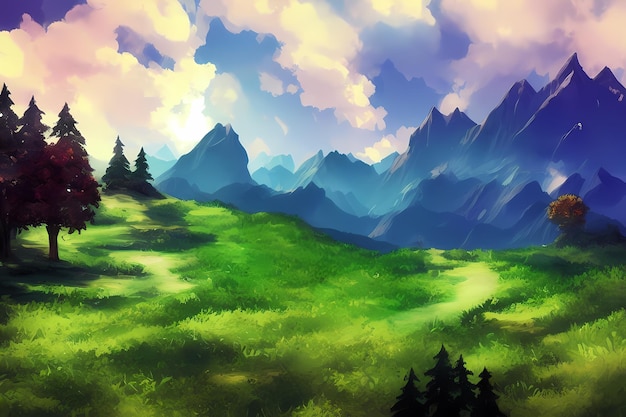 Landscape scene illustration digital painting with greenery mountains hills meadows blue skies