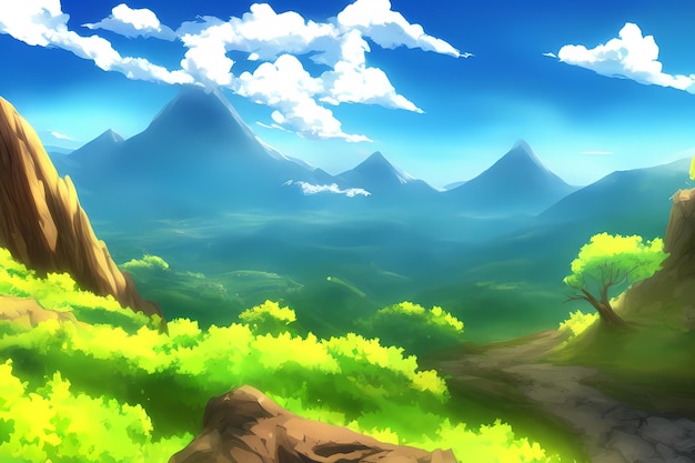 Landscape scene illustration digital painting with greenery mountains hills meadows blue skies