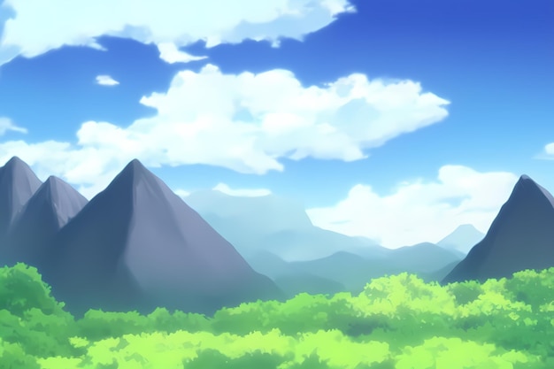 Landscape scene illustration digital painting with greenery mountains hills meadows blue skies