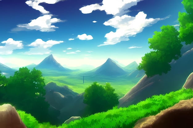 Landscape scene illustration digital painting with greenery mountains hills meadows blue skies