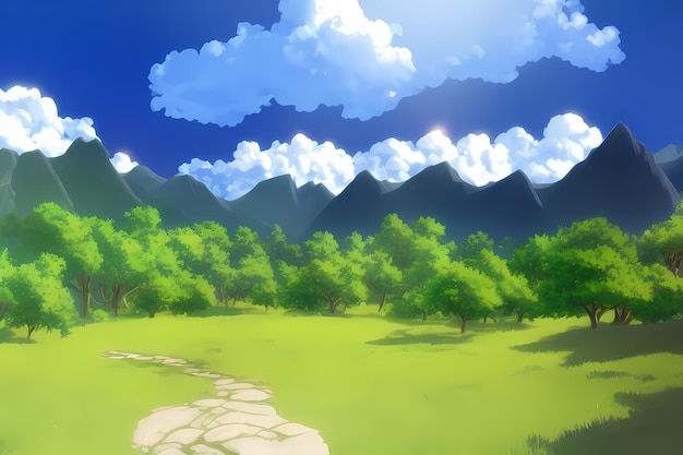 Landscape scene illustration digital painting with greenery mountains hills meadows blue skies