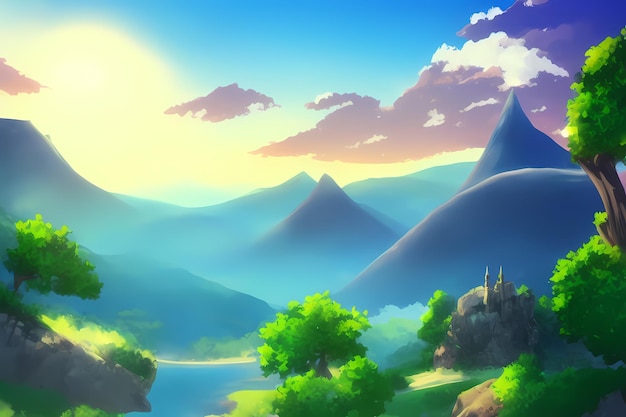 Landscape scene illustration digital painting with greenery mountains hills meadows blue skies