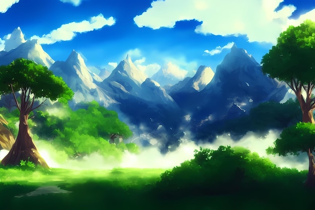 Landscape scene illustration digital painting with greenery mountains hills meadows blue skies