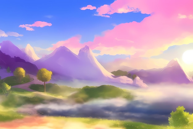 Landscape scene illustration digital painting with greenery mountains hills meadows blue skies