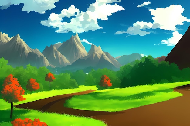 Landscape scene illustration digital painting with greenery mountains hills meadows blue skies