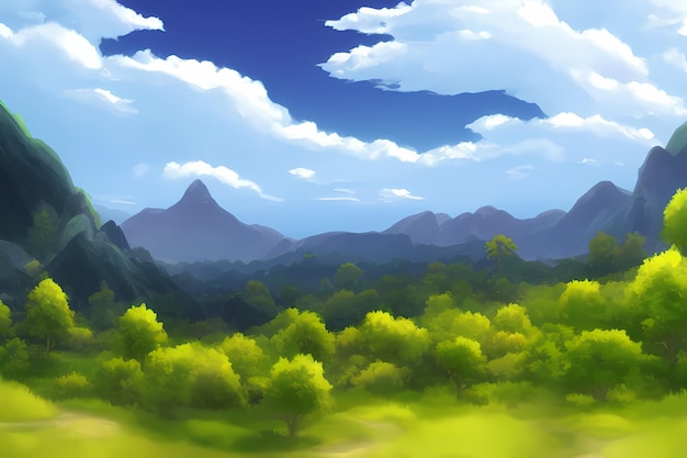 Landscape scene illustration digital painting with greenery mountains hills meadows blue skies